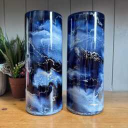 Hand Decorated 25cm Tall Navy Blue & Gold Silver Or Copper Finish Cylinder Vase - thumbnail 2