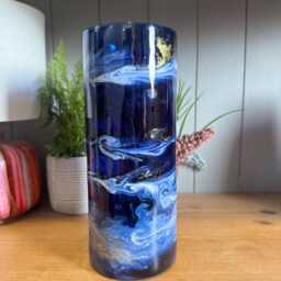 Hand Decorated 25cm Tall Navy Blue & Gold Silver Or Copper Finish Cylinder Vase - thumbnail 1