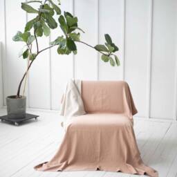 Two Sided Linen Blanket. Reversible Couch Cover in Cacao & Dusty Peach. Coverlet King, Queen Size. Rustic Linen Bedspread Slipcover - thumbnail 3