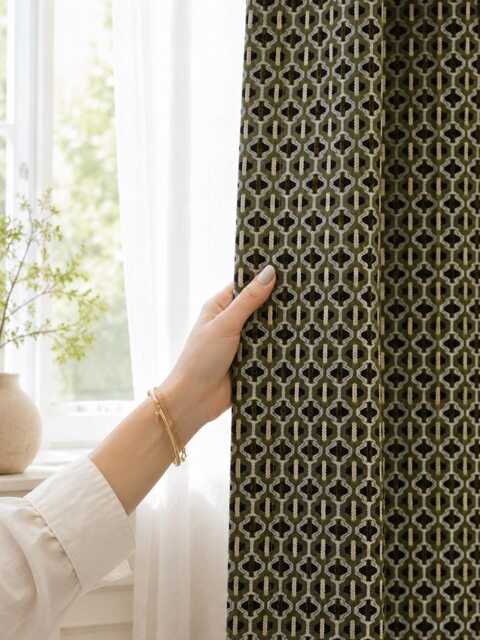 4 Colours Olive Green Geometric Jacquard Curtains, Vintage Pattern Window Drapes - image 1