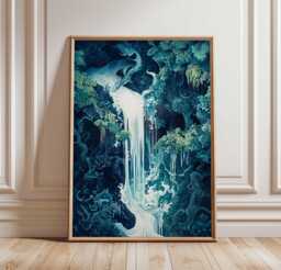 Fantasy Waterfall Poster, Mystical Dragon Art Print, Dreamlike Landscape, Ethereal Decor, Magical Forest - thumbnail 1