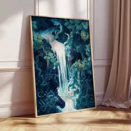 Fantasy Waterfall Poster, Mystical Dragon Art Print, Dreamlike Landscape, Ethereal Decor, Magical Forest - thumbnail 2