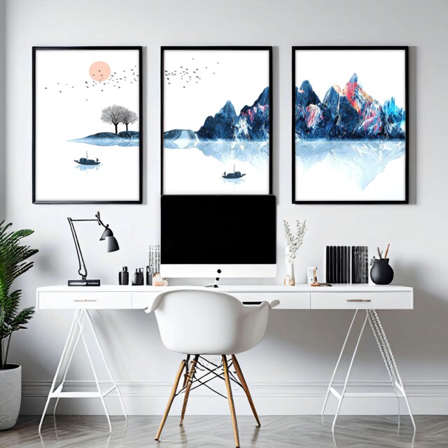 Japandi Wall Art Decor Framed 3 Piece Set Artwork For A Zen Living Room, Teal Large Relaxing Asian Designer Japan Poster Prints - image 1