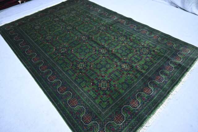 7x10 Dark Green Afghan Rug, Hand Knotted Wool Veg Dyes Geometric Turkmen Tribal Bukhara Oriental Living Room Bedroom Rug - image 1