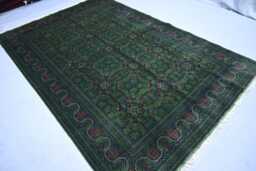 7x10 Dark Green Afghan Rug, Hand Knotted Wool Veg Dyes Geometric Turkmen Tribal Bukhara Oriental Living Room Bedroom Rug - thumbnail 1