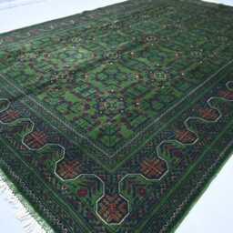 7x10 Dark Green Afghan Rug, Hand Knotted Wool Veg Dyes Geometric Turkmen Tribal Bukhara Oriental Living Room Bedroom Rug - thumbnail 3