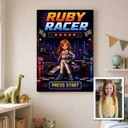 Personalised Retro Racing Canvas From Photo, Custom Text 8-Bit Driver Portrait, Arcade Game Wall Decor Gift For Kids Room Art - thumbnail 2