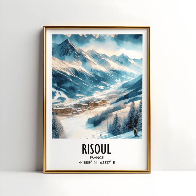 Risoul Ski Poster Print - Watercolour Art Decor - Travel Wall Artwork Skiing Gifts French Alps Mountain Resort Gift Snowboard - image 1