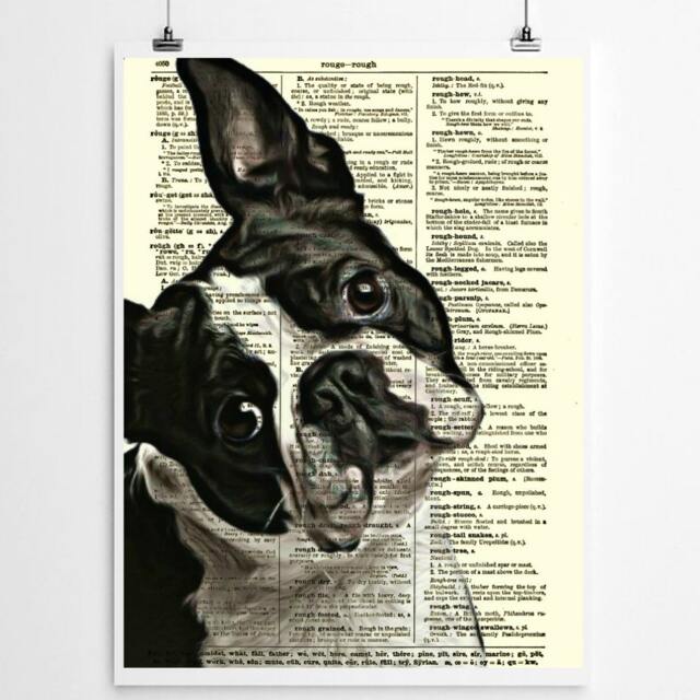 125+ Year Old Antique Dictionary Page Upcycled With A Boston Terrier Portrait, Dog Lover Artwork, Pet Loss Gift, Wall Decor, Rescue Art - image 1