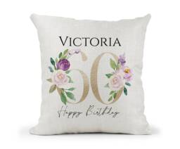 Personalised Special Birthday Cushion 60Th Gold & Purple Floral Mum, Nan, Friend, Sister Gift Keepsake - thumbnail 1
