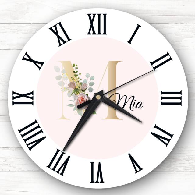 Floral Alphabet Name Initial Letter M Personalised Gift Clock - image 1