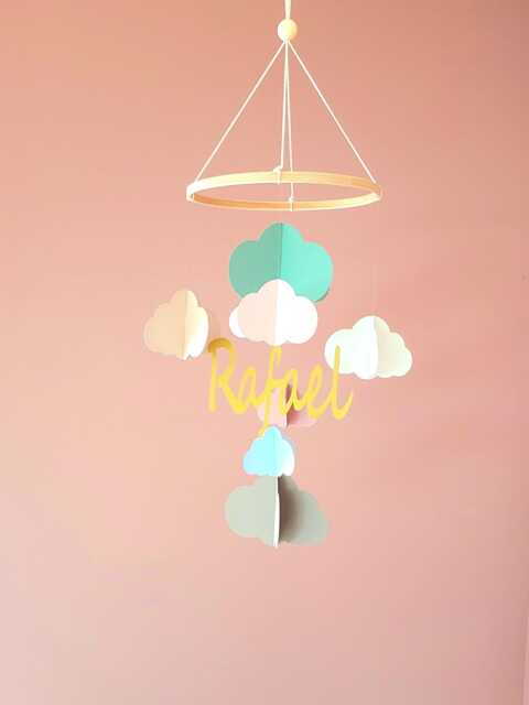 Personalized Baby Mobile - 3D Clouds With Name Handmade From Recycled Paper - image 1