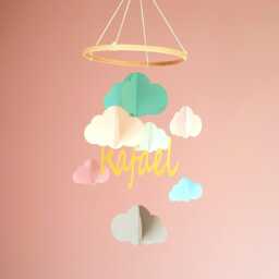 Personalized Baby Mobile - 3D Clouds With Name Handmade From Recycled Paper - thumbnail 2