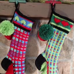 Hand Knit Christmas Stocking Red Blue Green Windowpane Check Fir Tree Detail By Santa's Works - thumbnail 2