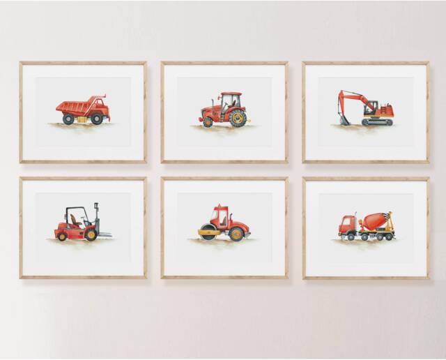 Construction Vehicle Prints, Blue Boy Nursery Decor, Trucks, Car Prints Boys Room, Wall Art - image 1