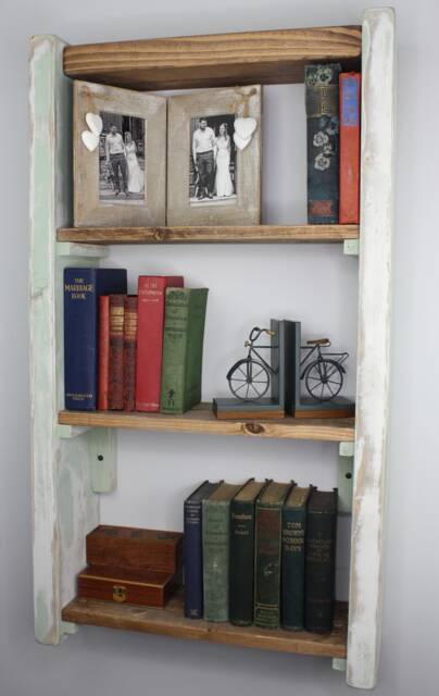 stripped Grey Green & Dark Oak Bookcase Bookshelf Solid Wood, Wall Mounted - image 1