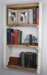 stripped Grey Green & Dark Oak Bookcase Bookshelf Solid Wood, Wall Mounted - thumbnail 1