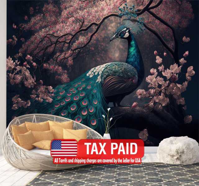 Chinoiserie Peacock Wallpaper Mural Watercolor Tree & Flower Art, Peel & Stick - image 1
