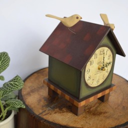 Bird House Clock, Wood House With Clock & Hand Carved Birds - thumbnail 3