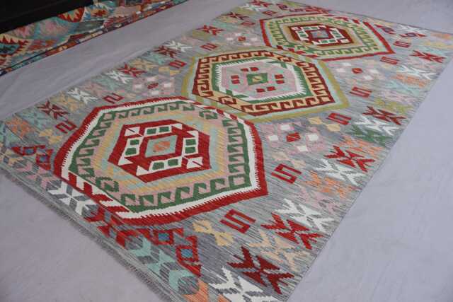 7x10 One Of A Kind Kilim Rug, Geometric Design Hand Woven Boho Wool Kilim, Afghan Oriental Gray Green Red Natural Veg Dyes Carpet - image 1