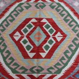 7x10 One Of A Kind Kilim Rug, Geometric Design Hand Woven Boho Wool Kilim, Afghan Oriental Gray Green Red Natural Veg Dyes Carpet - thumbnail 3