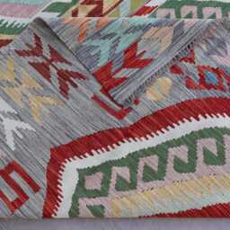 7x10 One Of A Kind Kilim Rug, Geometric Design Hand Woven Boho Wool Kilim, Afghan Oriental Gray Green Red Natural Veg Dyes Carpet - thumbnail 4