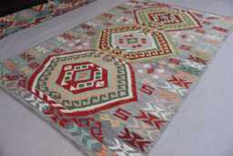 7x10 One Of A Kind Kilim Rug, Geometric Design Hand Woven Boho Wool Kilim, Afghan Oriental Gray Green Red Natural Veg Dyes Carpet - thumbnail 1