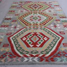 7x10 One Of A Kind Kilim Rug, Geometric Design Hand Woven Boho Wool Kilim, Afghan Oriental Gray Green Red Natural Veg Dyes Carpet - thumbnail 2