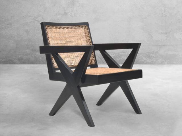 Pierre Jeanneret Inspired Cross Easy Lounge Chair - Reclaimed Teakwood With Rattan Caning - image 1