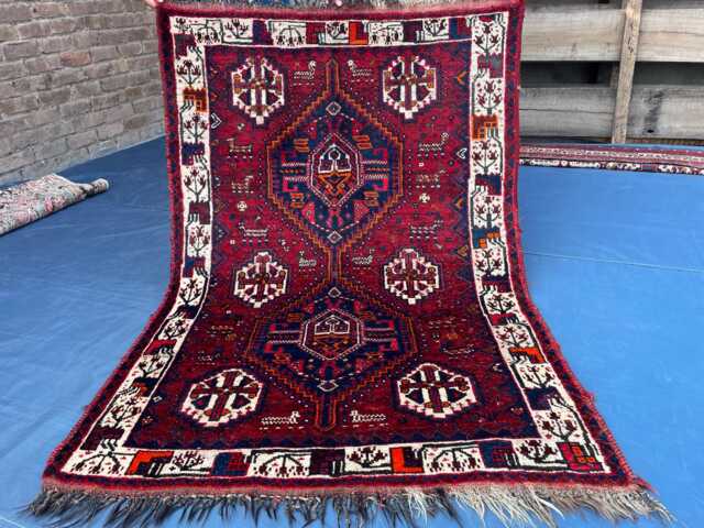 Handmade Tribal Crimson Red Wool Area Pictorial Rug, Geometric Medallion Vibrant Accent Rare Dark Blue Nomad Decor Cozy Bedroom - image 1