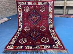 Handmade Tribal Crimson Red Wool Area Pictorial Rug, Geometric Medallion Vibrant Accent Rare Dark Blue Nomad Decor Cozy Bedroom - thumbnail 1