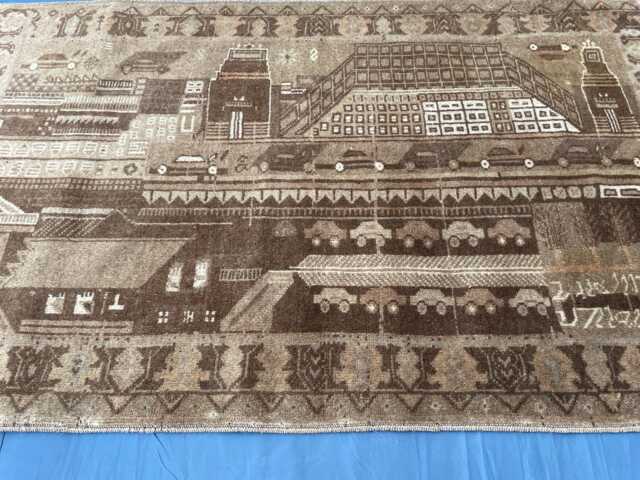 Handmade Pictorial Rug 3x5, Afghan Landscape, Unique Baluch Folk Art Wool Tapestry, Brown Blue Entryway Rug, Small Accent Wall Decor - image 1