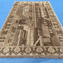 Handmade Pictorial Rug 3x5, Afghan Landscape, Unique Baluch Folk Art Wool Tapestry, Brown Blue Entryway Rug, Small Accent Wall Decor - thumbnail 3