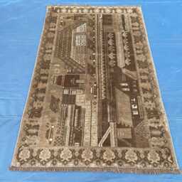 Handmade Pictorial Rug 3x5, Afghan Landscape, Unique Baluch Folk Art Wool Tapestry, Brown Blue Entryway Rug, Small Accent Wall Decor - thumbnail 2