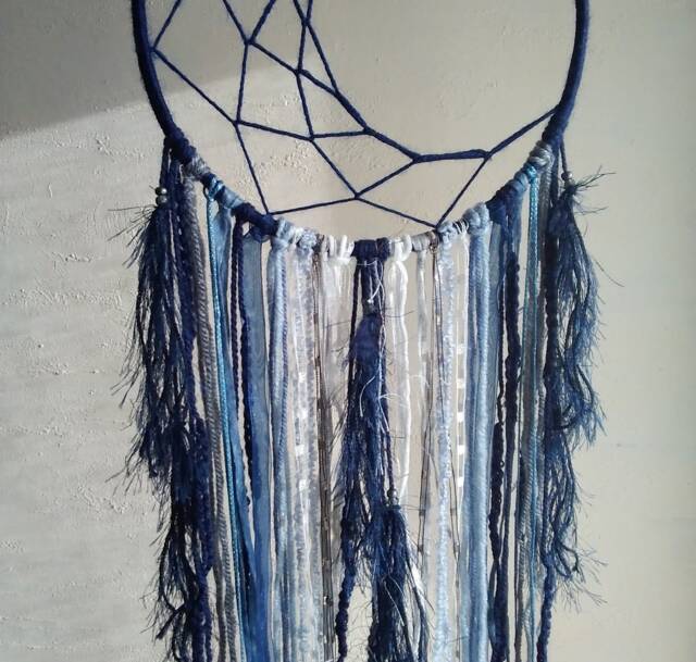 Crescent Moon Dreamcatcher Navy Blue Boho Wall Decor, Vegan Friendly - image 1