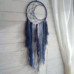 Crescent Moon Dreamcatcher Navy Blue Boho Wall Decor, Vegan Friendly - thumbnail 3