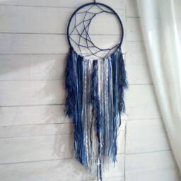 Crescent Moon Dreamcatcher Navy Blue Boho Wall Decor, Vegan Friendly - thumbnail 2