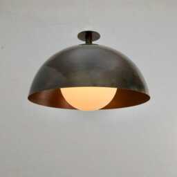 Mid Century Modern Flush Mount Ceiling Light - Blackened Brass Dome With Milk Glass Globe Minimalist Handcrafted Lighting Fixture