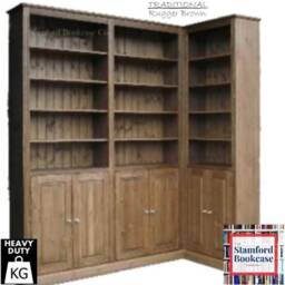 Solid Wood 8Ft Tall 3 Bay Library Corner Bookcase, Shelving Unit With Doors - thumbnail 2