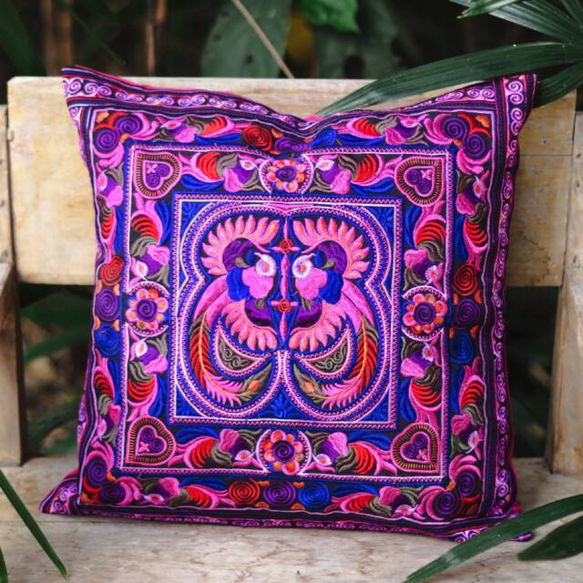 16x16 Embroidered Pink Bird Pillow Cover, Hmong Hill Tribe Cushion, Ethnic Decor - Cs101Pinb - image 1