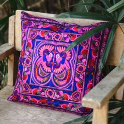 16x16 Embroidered Pink Bird Pillow Cover, Hmong Hill Tribe Cushion, Ethnic Decor - Cs101Pinb - thumbnail 2
