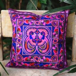 16x16 Embroidered Pink Bird Pillow Cover, Hmong Hill Tribe Cushion, Ethnic Decor - Cs101Pinb - thumbnail 1