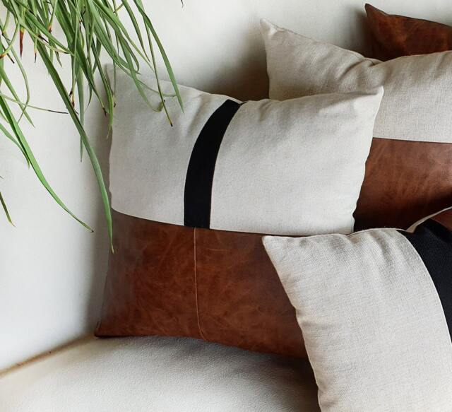 Walnut Faux Leather & Linen Pillow Cover - 16x16'' - image 1