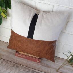 Walnut Faux Leather & Linen Pillow Cover - 16x16'' - thumbnail 3