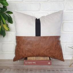 Walnut Faux Leather & Linen Pillow Cover - 16x16'' - thumbnail 2