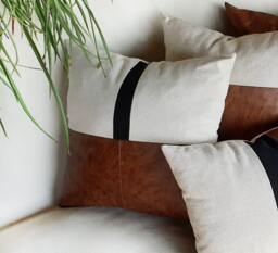Walnut Faux Leather & Linen Pillow Cover - 16x16'' - thumbnail 1