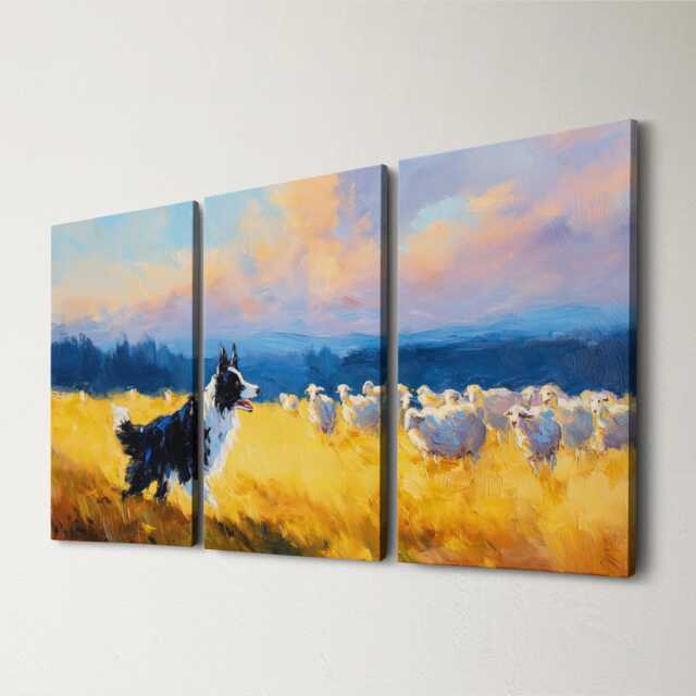 Border Collie Herding Sheep 3 Panel Split Canvas Wall Art Farm Dog At Golden Hour Country Landscape Oil Painting Framed Home Decor - image 1