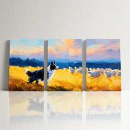 Border Collie Herding Sheep 3 Panel Split Canvas Wall Art Farm Dog At Golden Hour Country Landscape Oil Painting Framed Home Decor - thumbnail 3