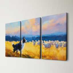 Border Collie Herding Sheep 3 Panel Split Canvas Wall Art Farm Dog At Golden Hour Country Landscape Oil Painting Framed Home Decor - thumbnail 1