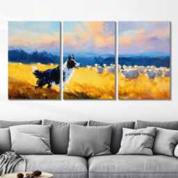 Border Collie Herding Sheep 3 Panel Split Canvas Wall Art Farm Dog At Golden Hour Country Landscape Oil Painting Framed Home Decor - thumbnail 2